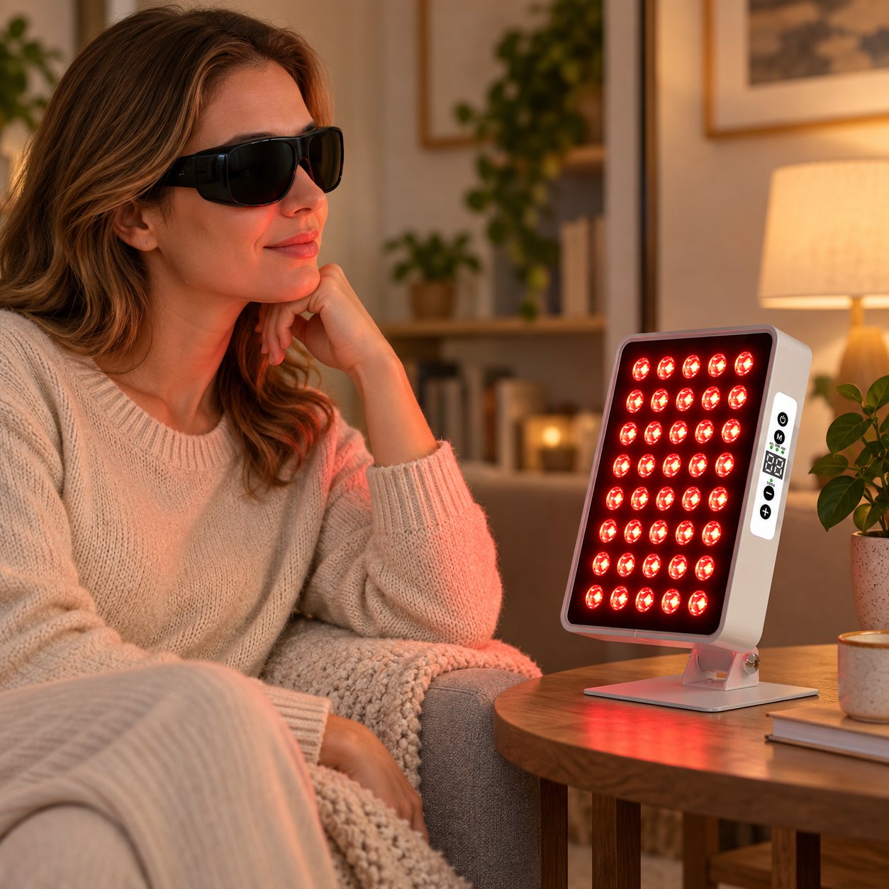 Person wearing protective glasses seated beside Ray Aura A40 panel