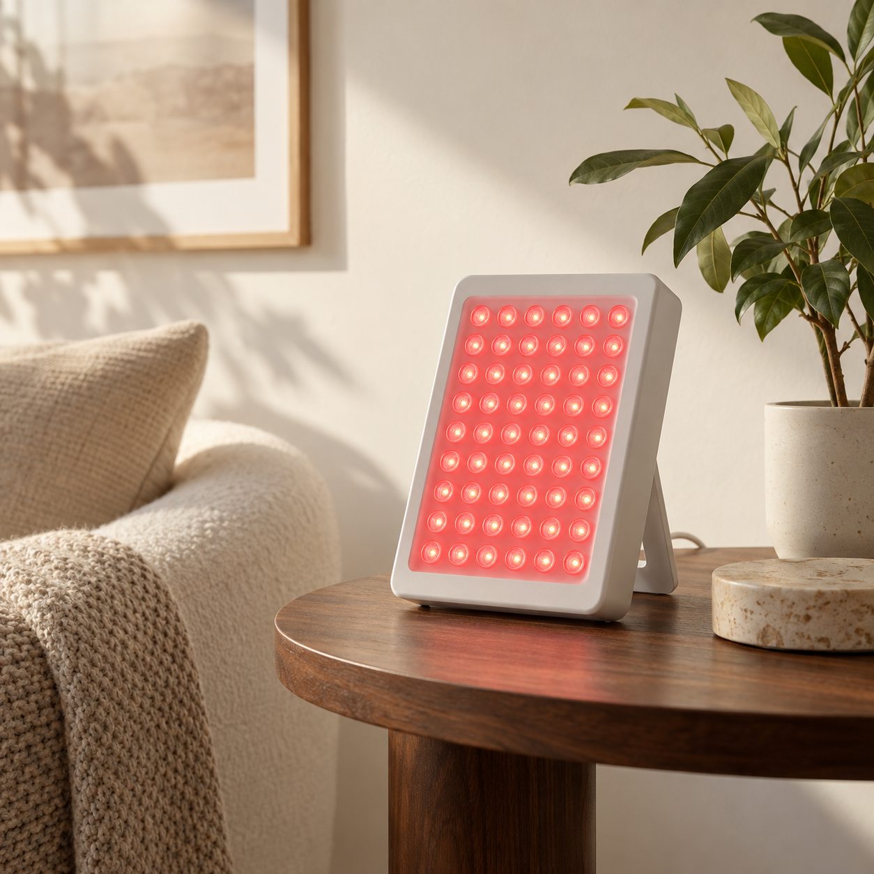 Compact white red light panel on a walnut side table