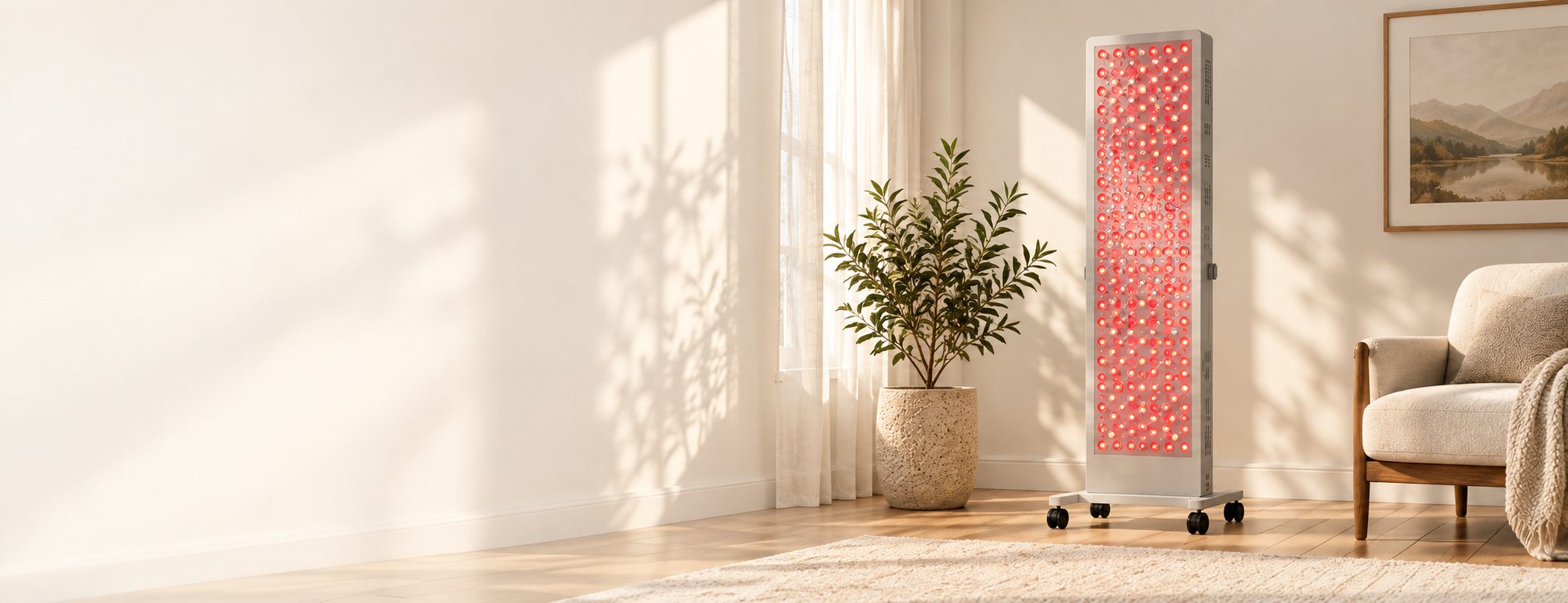 Tall white red light panel on a rolling base in a warm living room