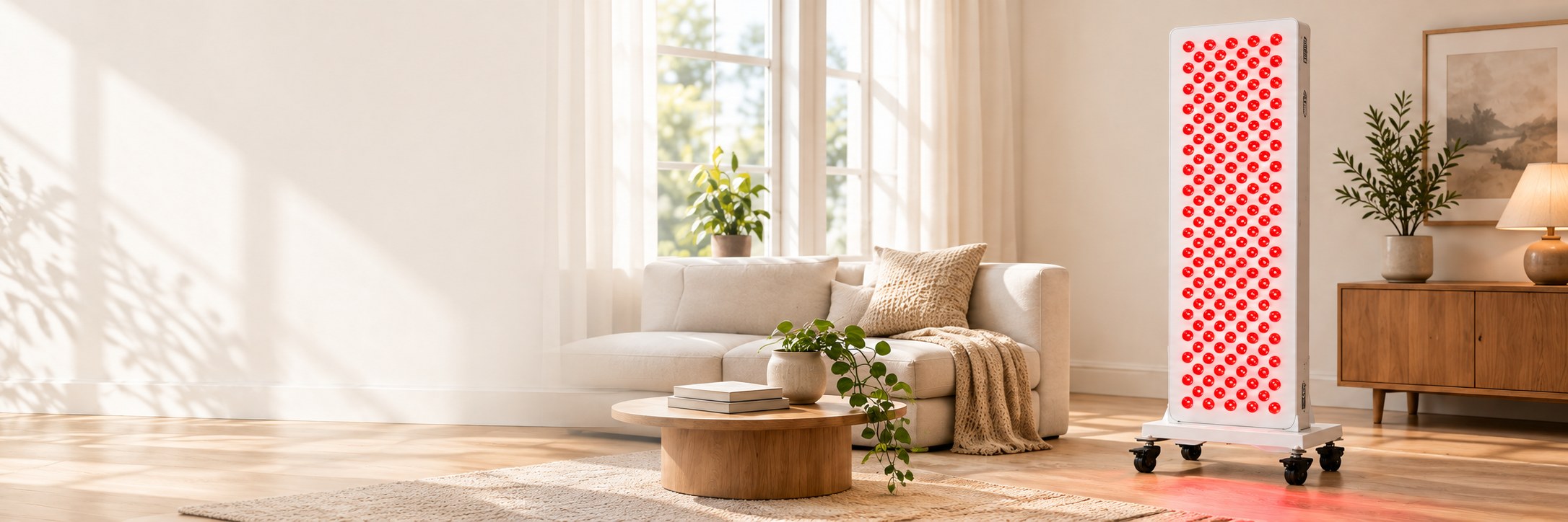 White Ray Elevate M140 light panel on wheels in a warm living room