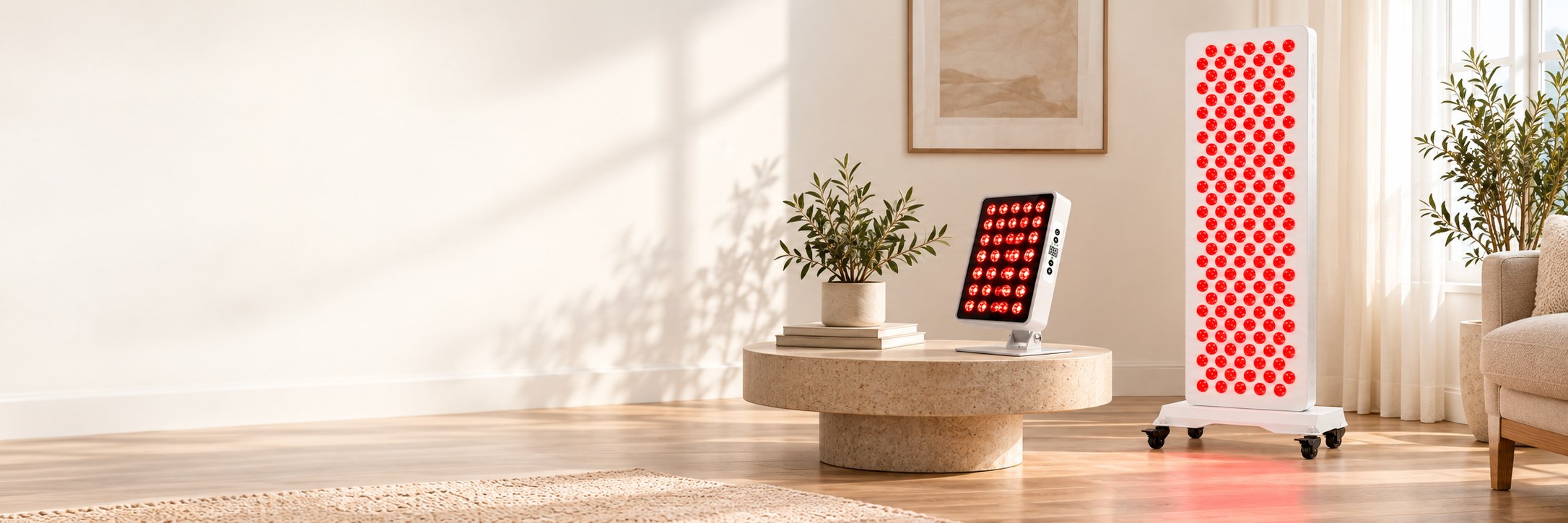 Small white desktop panel beside a tall white wheeled panel in a warm living room
