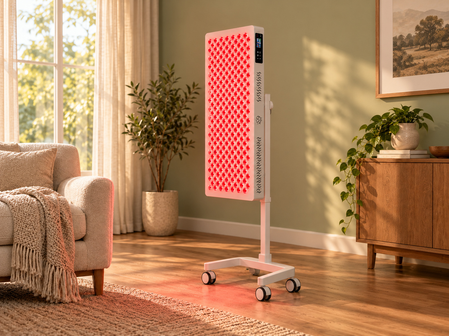 Illustrative white red-light panel and rolling stand in a warm living room