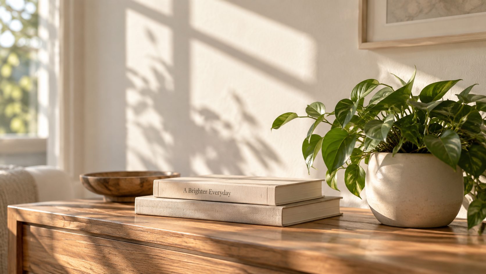 Warm sunlit table with a stack of books and a green potted plant