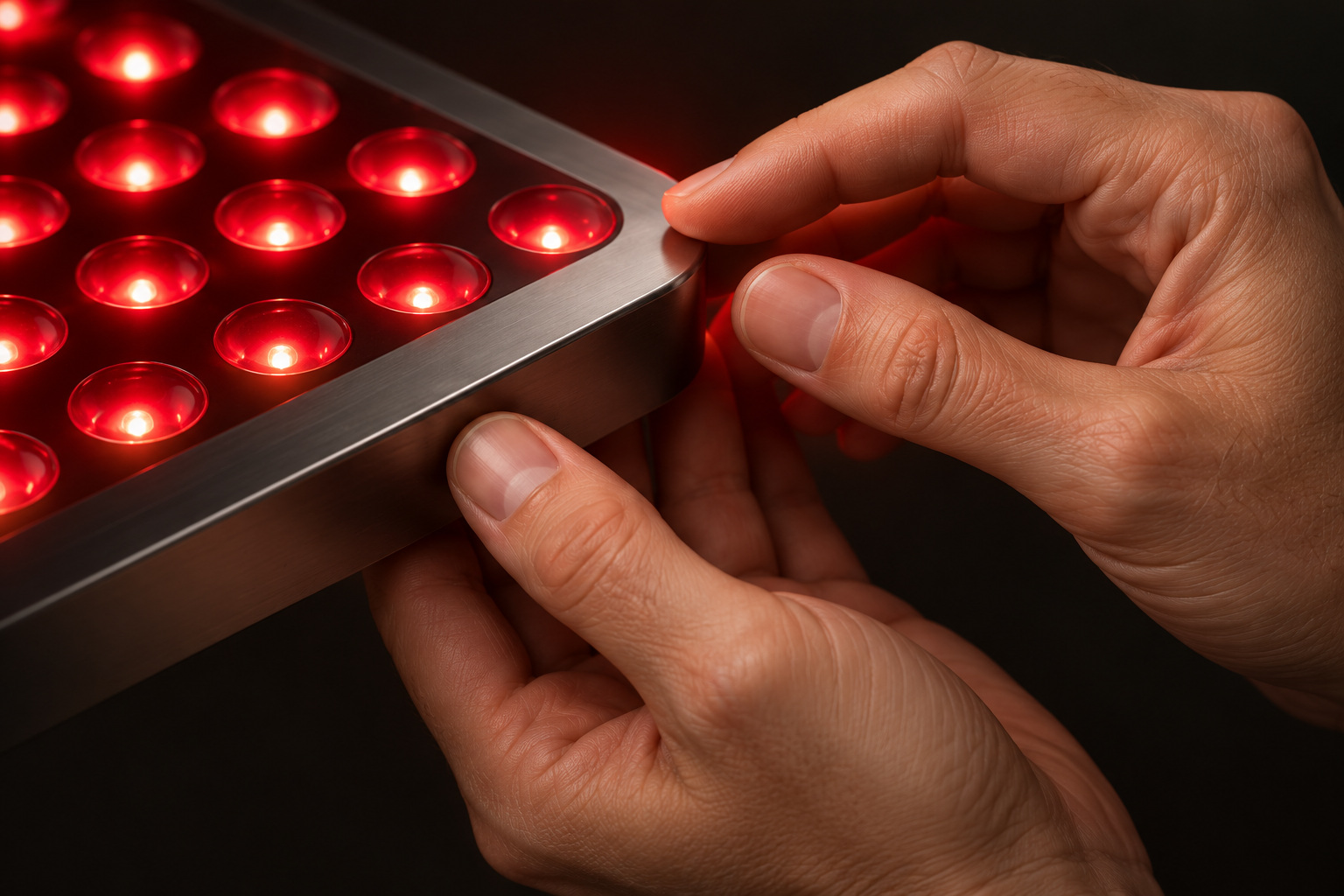 Illustrative close-up of hands examining a finished red-light panel edge