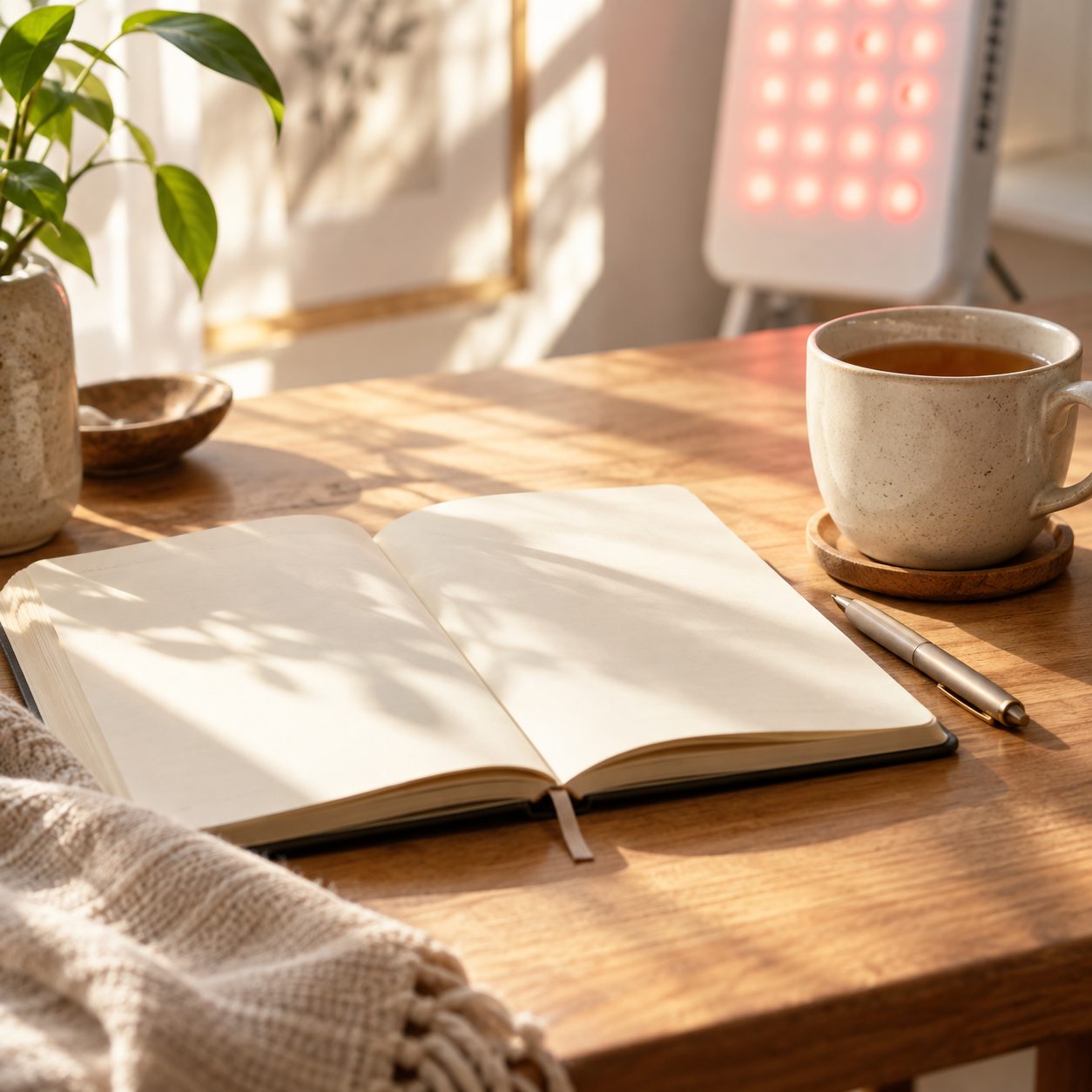 Open notebook and tea beside a red light panel at home