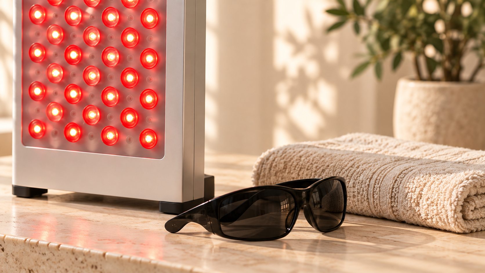 Red light panel with dark protective eyewear on a warm tabletop