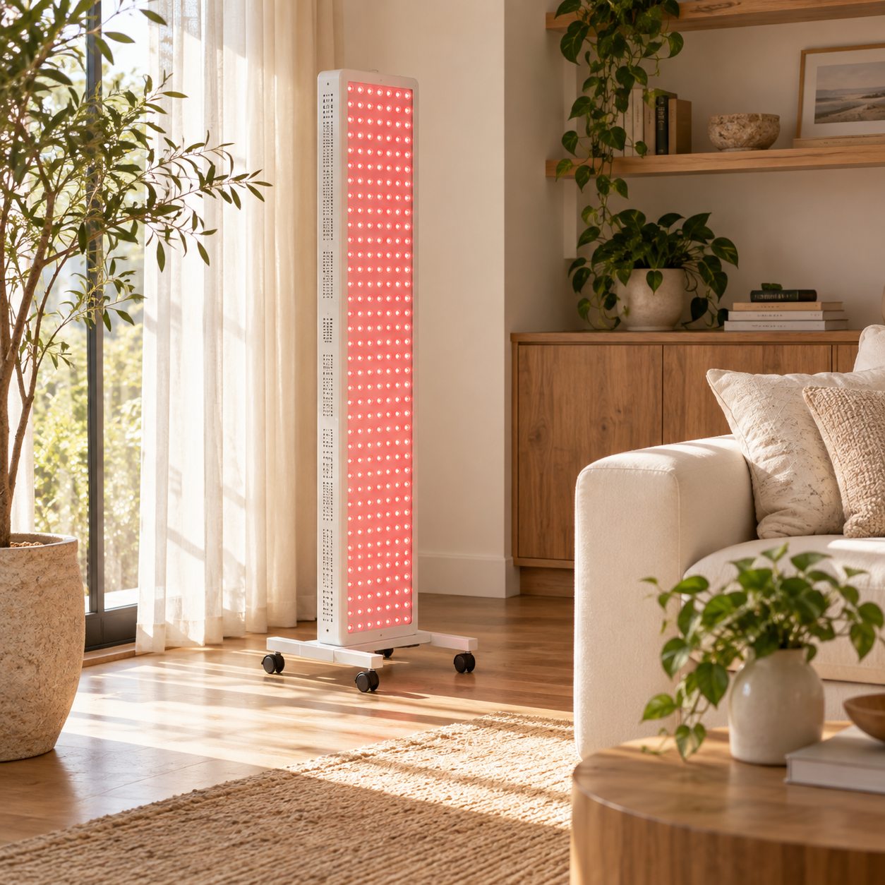 Tall white red light panel on a rolling base in a living room