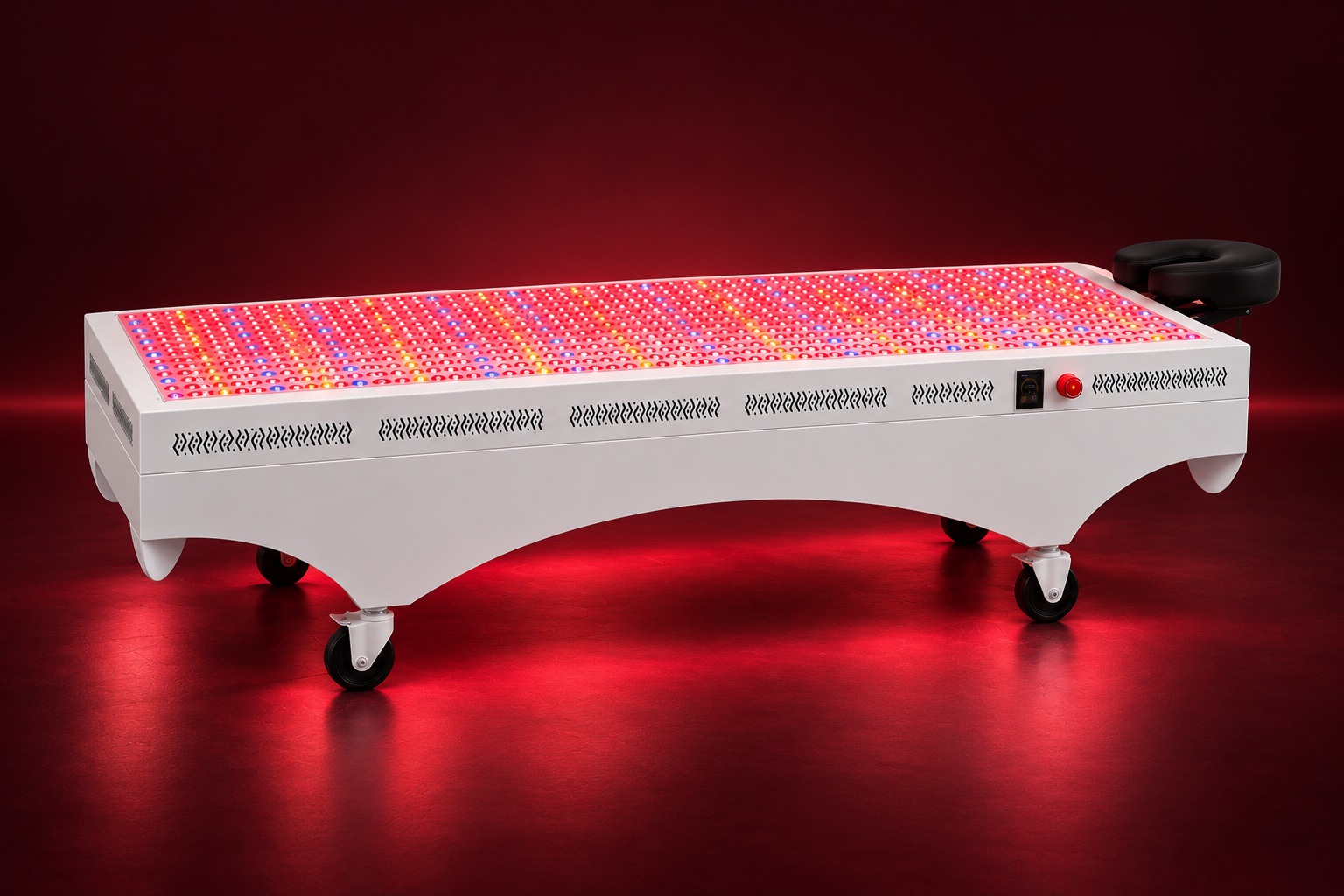 Ray Zenith white lower light bed with black headrest in a burgundy studio.