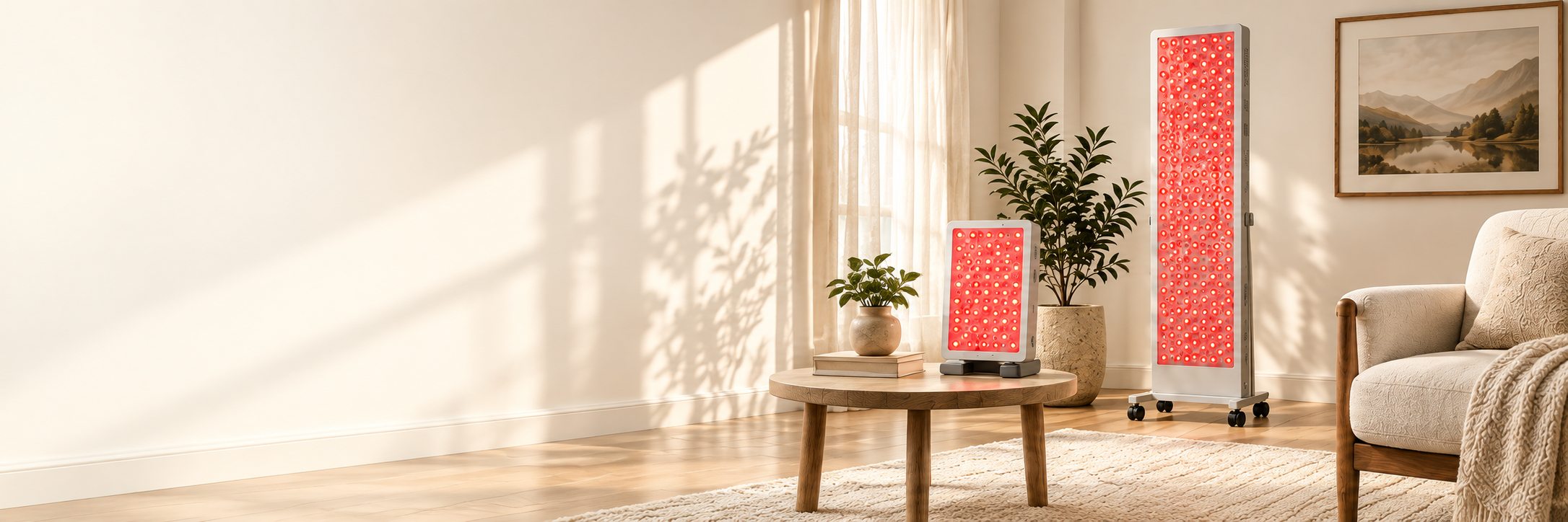 Compact and tall white red light panels in a warm sunlit living room