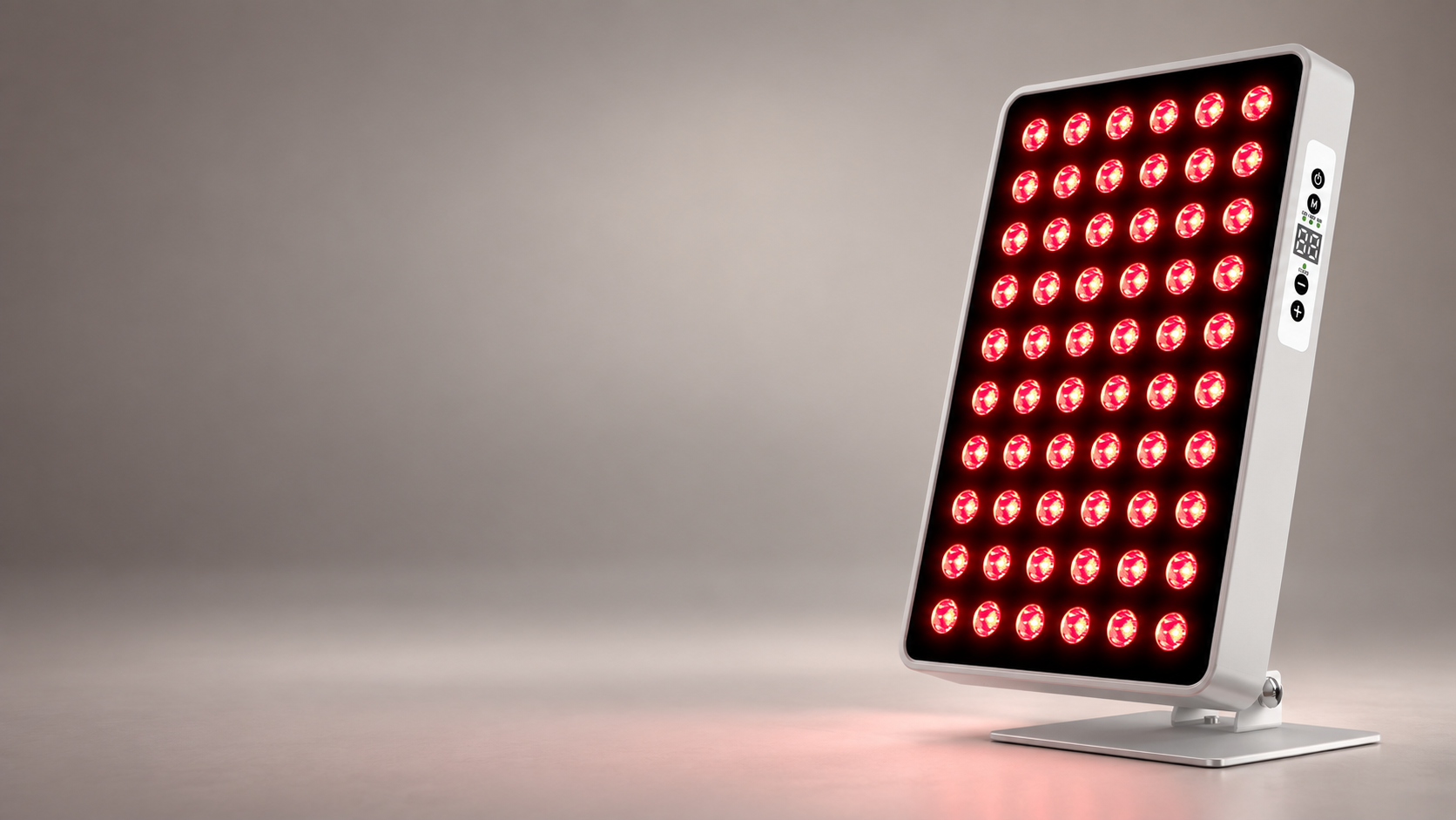 Ray Align A60 desktop red light panel illuminated in a studio