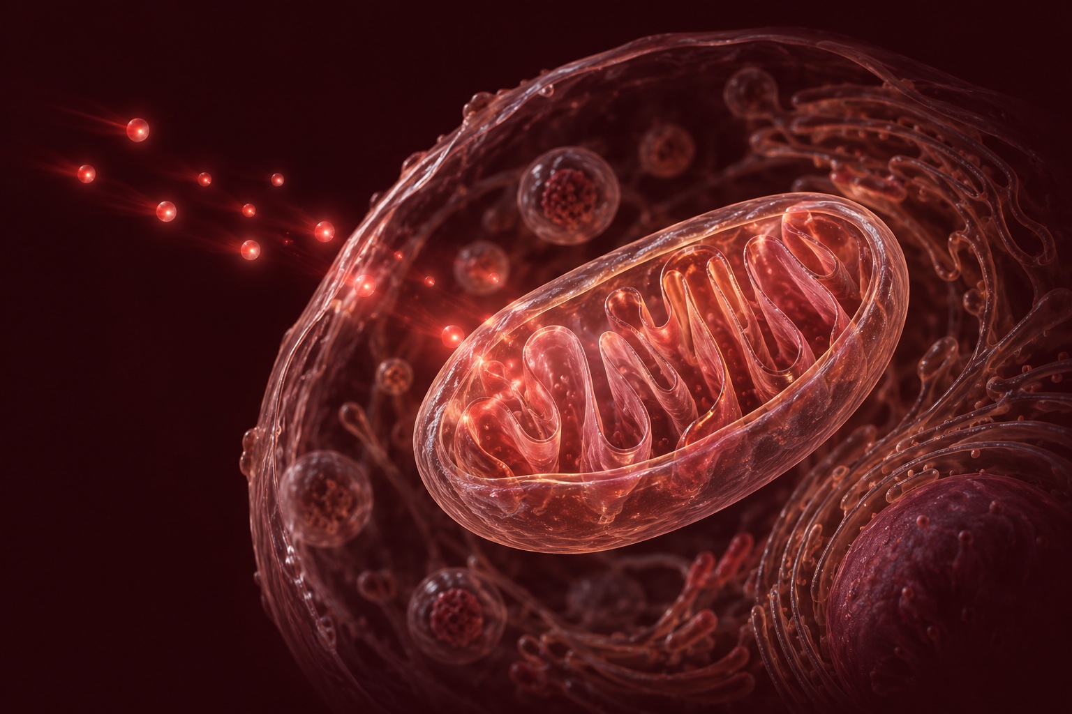 Conceptual illustration of a mitochondrion inside a cell, with illustrative light particles; not measured product performance.