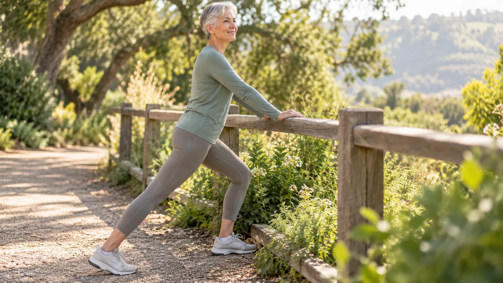 Older woman stretching beside a garden path