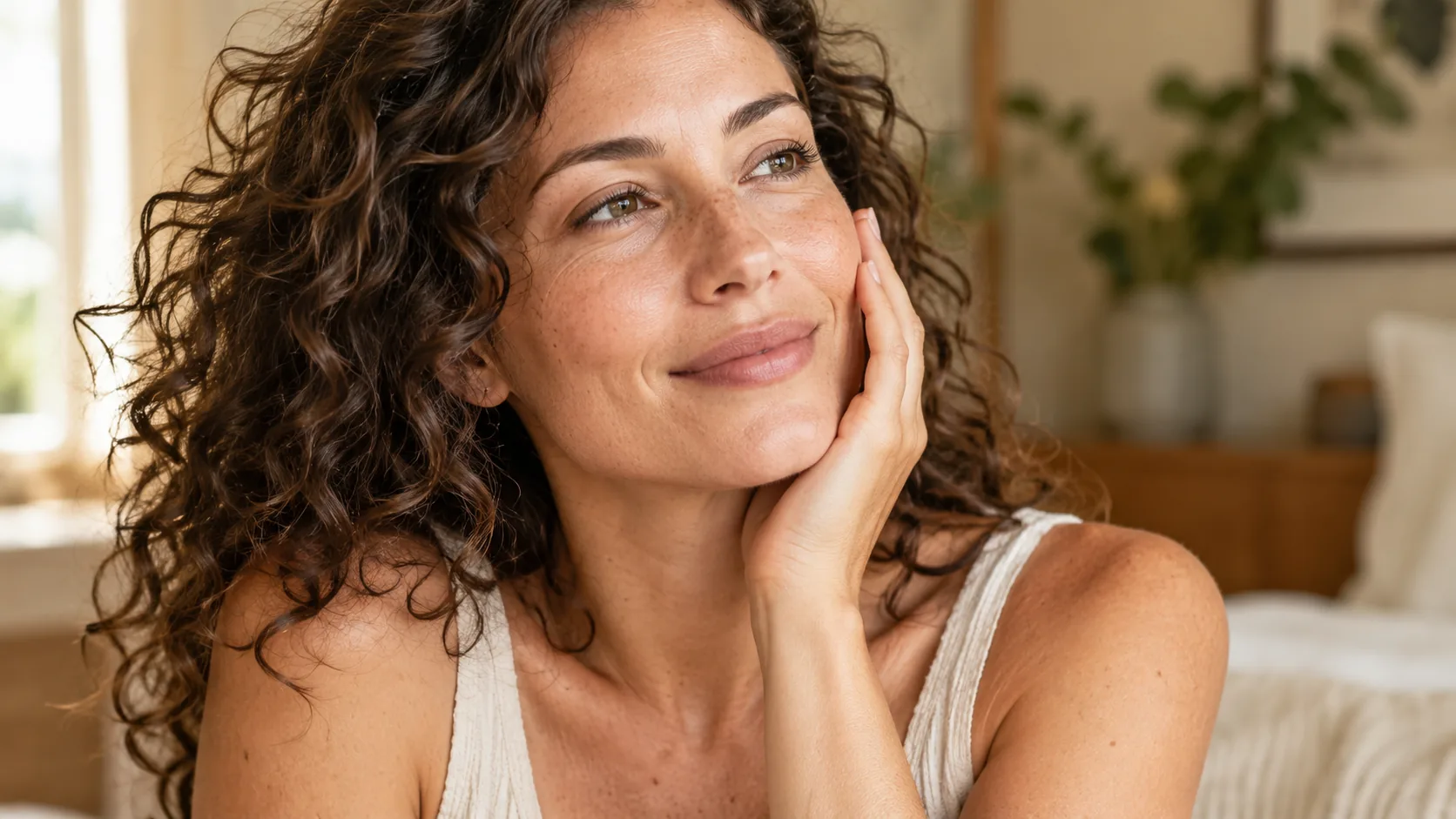 Natural skin portrait of a woman touching her cheek