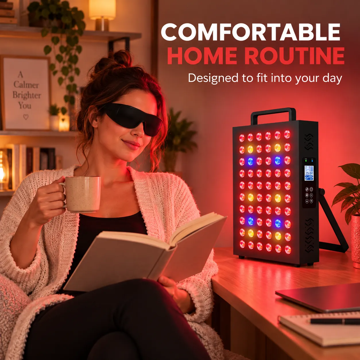 Compact black red light panel with a carry handle and folding tabletop support beside a seated reader wearing protective eyewear