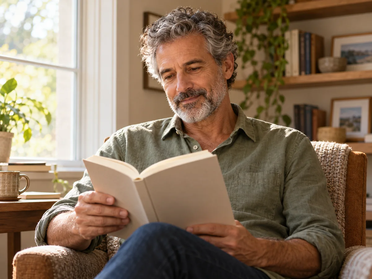 AI-created illustrative image of a mature man reading; not a study participant