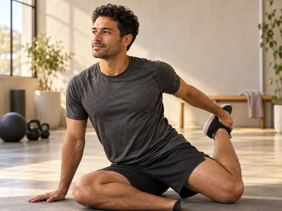 AI-created illustrative image of a man stretching; not a study participant