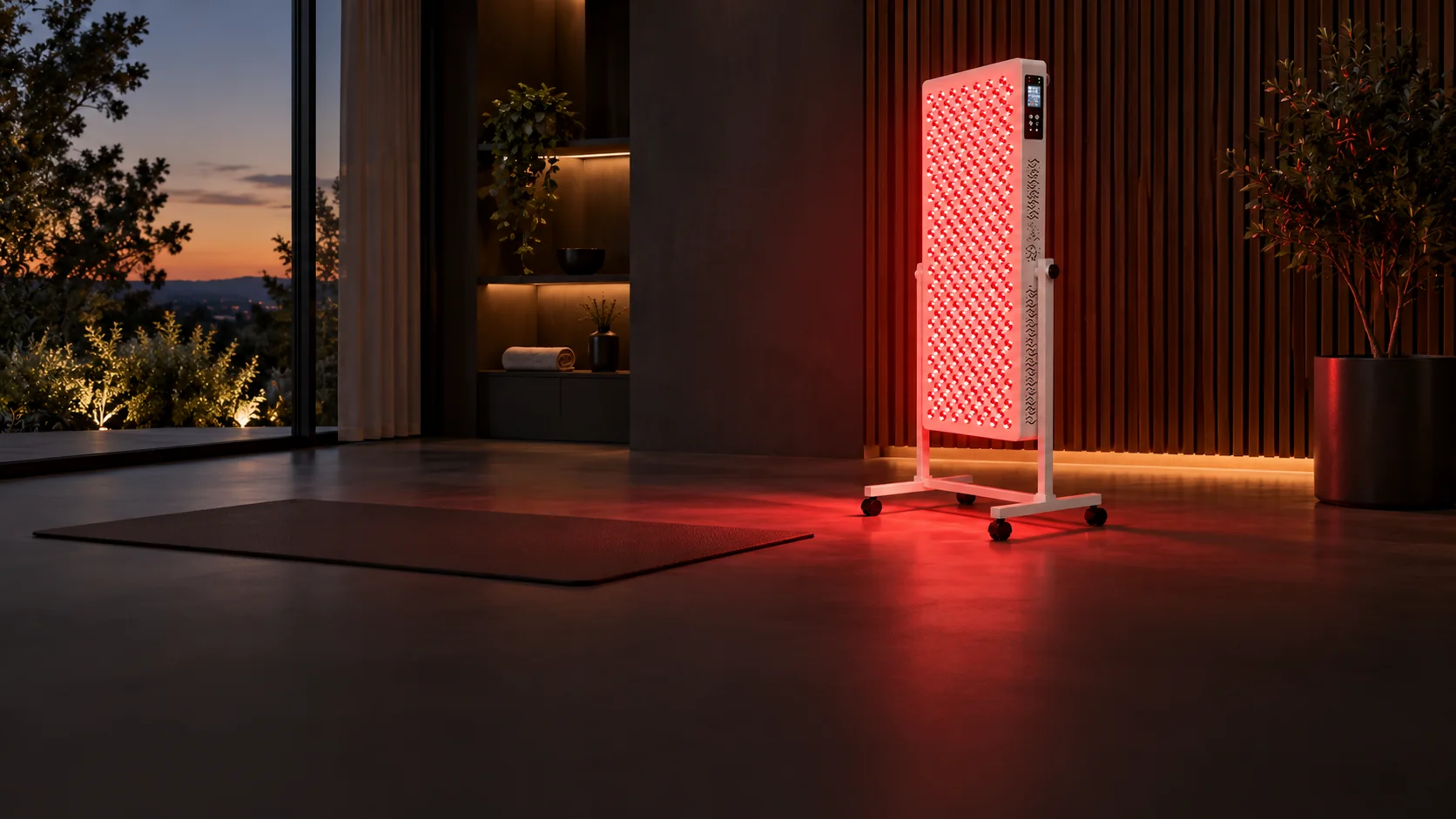 Red light panel in a home wellness setting