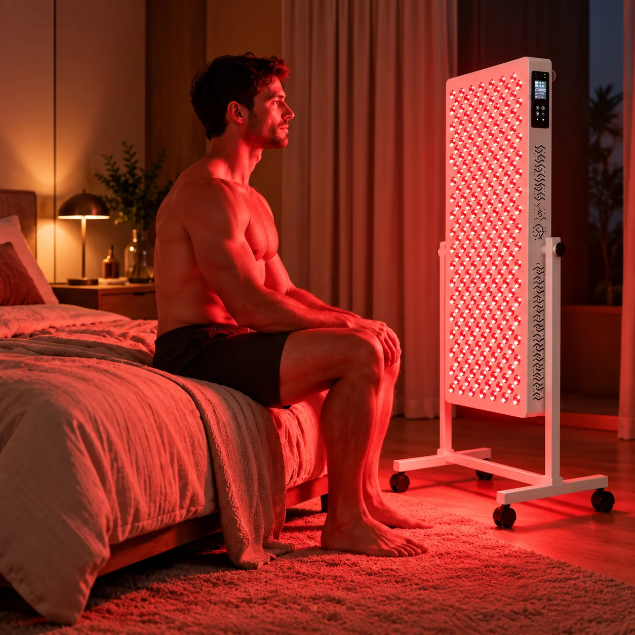 Ray red light panel with a seated person in a bedroom