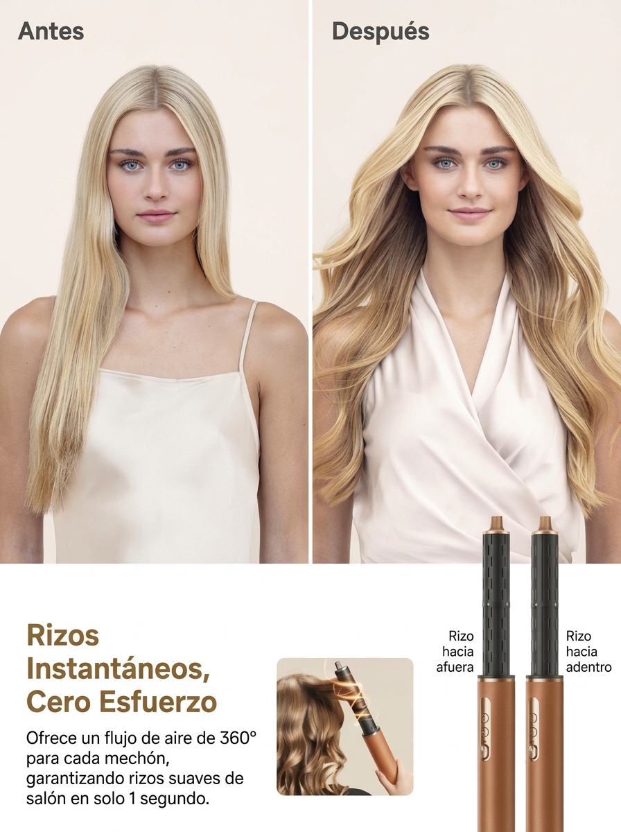 Moldeador de Pelo 7 en 1, Secador y Rizador Multifunción con Secado Rápido, 220-240 V, 50-60 Hz, 2 Barriles para Rizar, Cepillo Alisador, Cepillo para Dar Volumen y Suavizar, Herramienta de Peinado Multifunción para Crear Rizos, Ondas, Volumen y un Acabad