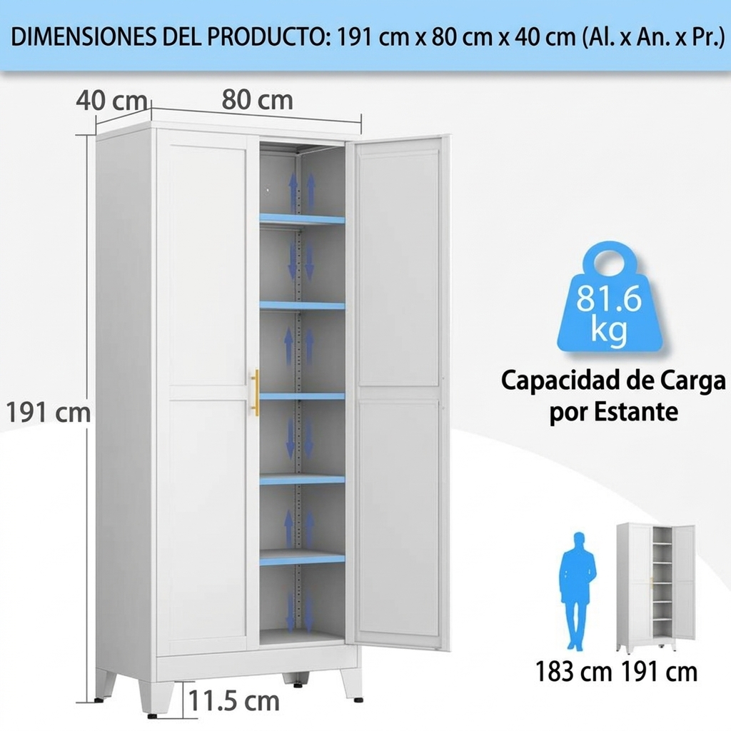 Armario de Almacenamiento de Metal con 2 Puertas, Estantes Ajustables y Tiradores Dorados, Gran Capacidad para Organizar Cocina, Despensa, Baño, Lavadero, Comedor, Salón y Oficina, Mueble Multiusos Moderno