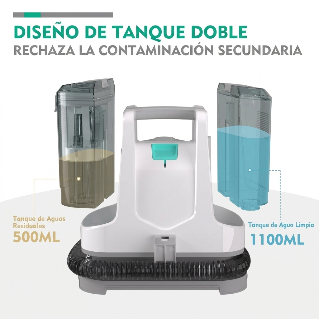 Limpiador de alfombras de 400 W, equipado con depósitos de agua dobles de 1,1 L + 0,5 L, manguera de 1,2 metros, nivel de ruido de 85 dB, 2 boquillas (aptas para coches, cojines, cortinas y mascotas) y accesorios completos.