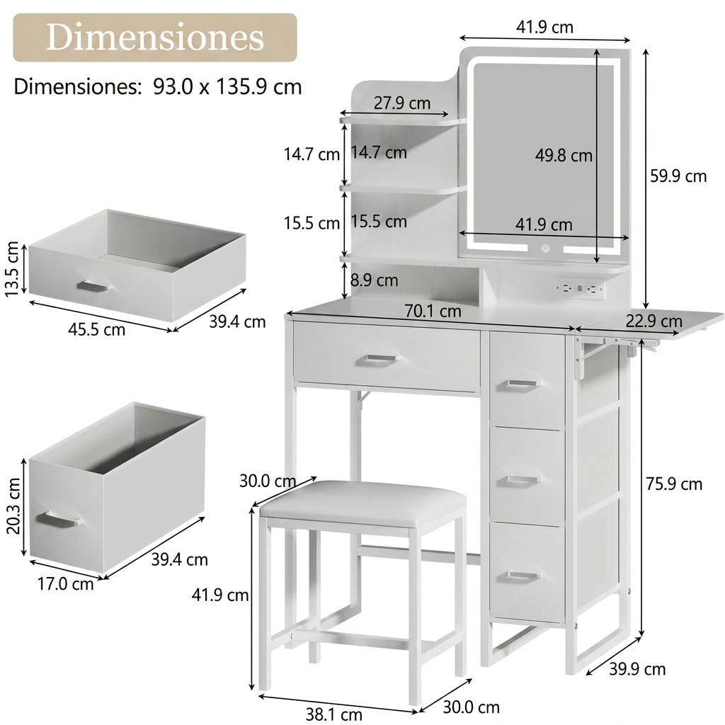 Tocador de maquillaje con espejo y luces, tocador pequeño con cajón de almacenamiento de tela, silla y estantes, tocador blanco con panel plegable y toma de corriente para dormitorio.
