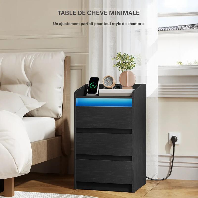 Tocador de noche con 3 cajones, mesita lateral con base de carga y LED, 2 enchufes de CA y 2 puertos USB para el dormitorio