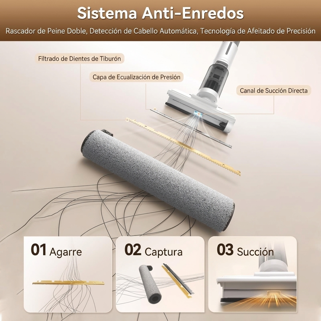 Limpiador de suelos inteligente para uso en seco y húmedo: diseño inalámbrico, permite la limpieza de bordes de 1 mm, equipado con un sistema antienredos; cuerpo ligero, adecuado para suelos duros y para limpiar el pelo de las mascotas.