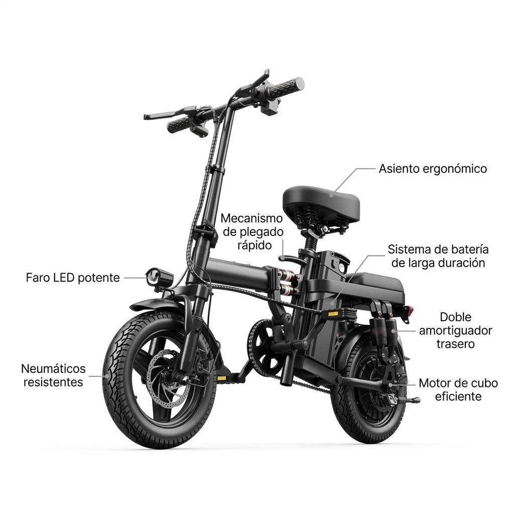 Bicicleta eléctrica plegable todoterreno de 500 W para adultos: batería recargable de 48 V y 15 Ah, suspensión de 14 niveles, frenos de disco dobles, certificación UL2849, autonomía de hasta 100 km (trayectos urbanos de 25-35 km).