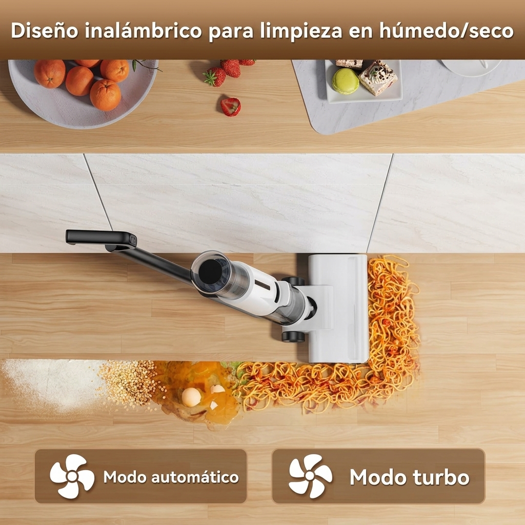 Limpiador de suelos inteligente para uso en seco y húmedo: diseño inalámbrico, permite la limpieza de bordes de 1 mm, equipado con un sistema antienredos; cuerpo ligero, adecuado para suelos duros y para limpiar el pelo de las mascotas.