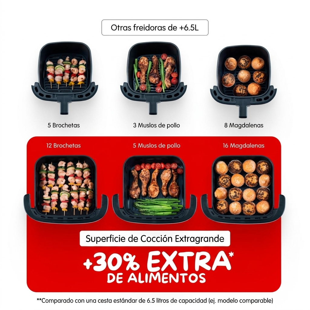 Freidora de aire inteligente y automática, superficie de cocción extragrande, doble resistencia, 10 programas automáticos, diseño compacto, ventana de visualización, color blanco.