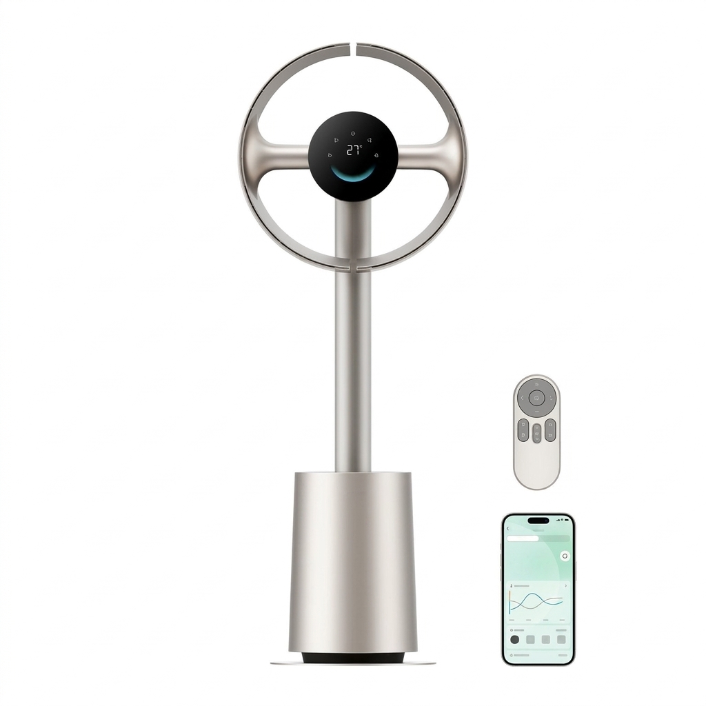 Ventilador de torre sin aspas de 270°, circulación de aire de 270° en toda la habitación, ventilador de suelo inteligente con función de sincronización de temperatura TempSync, tecnología de mejora del flujo de aire AirBoost, 10 velocidades, 3 modos, filt