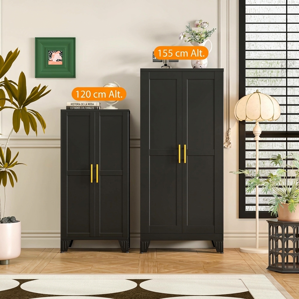 Armario de Almacenamiento de Metal con 2 Puertas, Estantes Ajustables y Tiradores Dorados, Gran Capacidad para Organizar Cocina, Despensa, Baño, Lavadero, Comedor, Salón y Oficina, Mueble Multiusos Moderno
