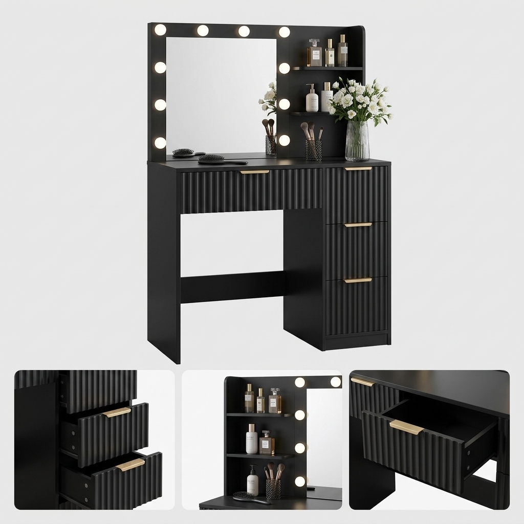 Tocador a rayas (con espejo y luz LED ajustable), con superficie de cristal y estación de carga, y un espacioso diseño de 4/7 cajones, perfecto para mujeres y niñas, adecuado para dormitorios o habitaciones de residencia estudiantil: un gran regalo/regalo