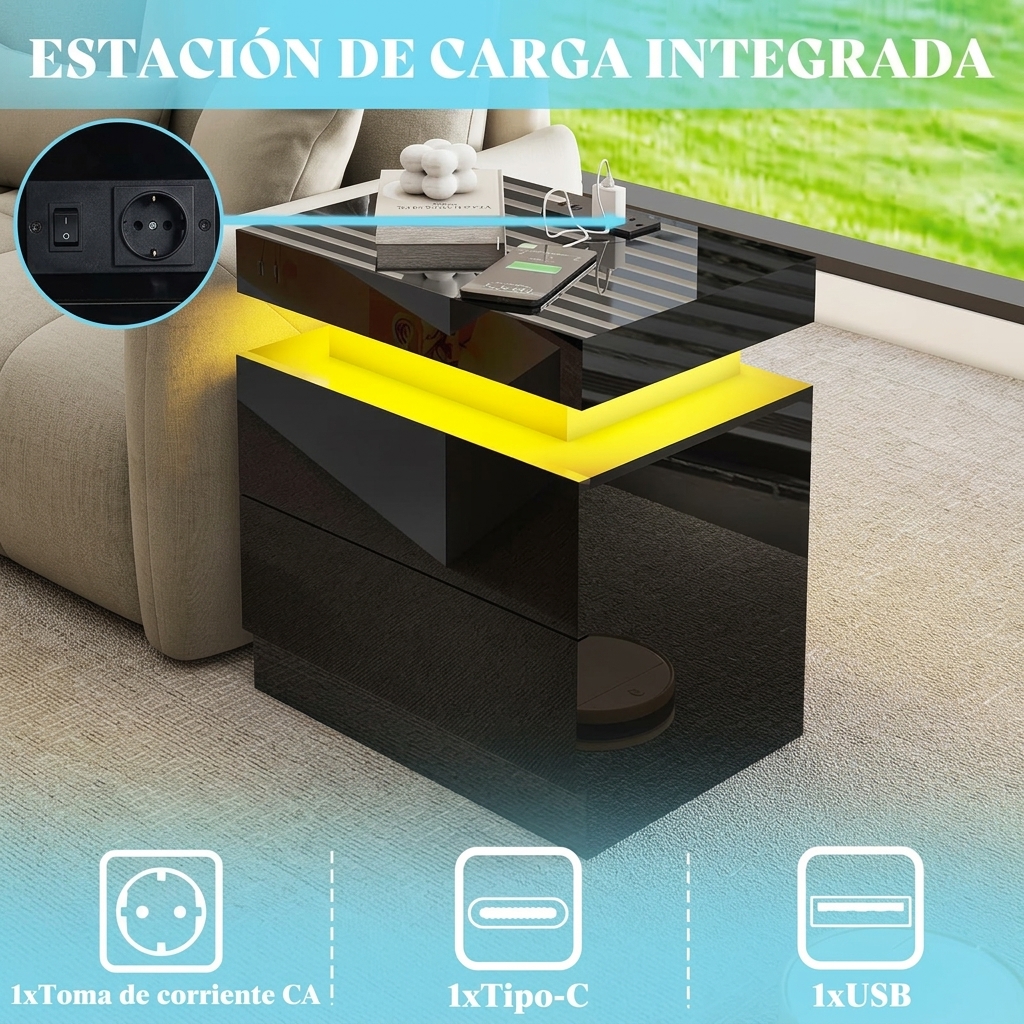 Pack de 2 Mesitas de Noche con LED y Estación de Carga, Mesillas Modernas con Luces RGB Controladas por App y Mando a Distancia, Cajones de Almacenamiento, Mesitas Auxiliares para Dormitorio, Salón o Sofá