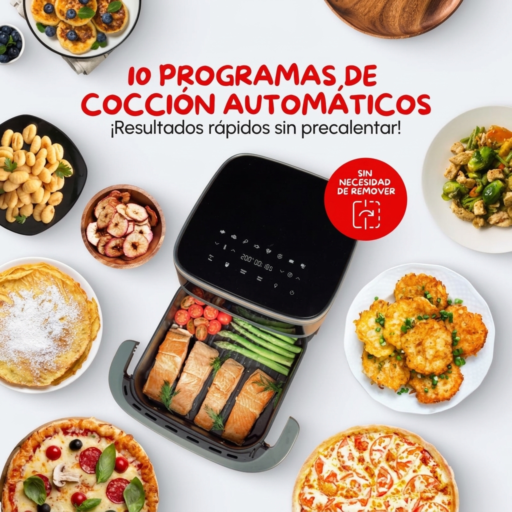 Freidora de aire inteligente y automática, superficie de cocción extragrande, doble resistencia, 10 programas automáticos, diseño compacto, ventana de visualización, color blanco.