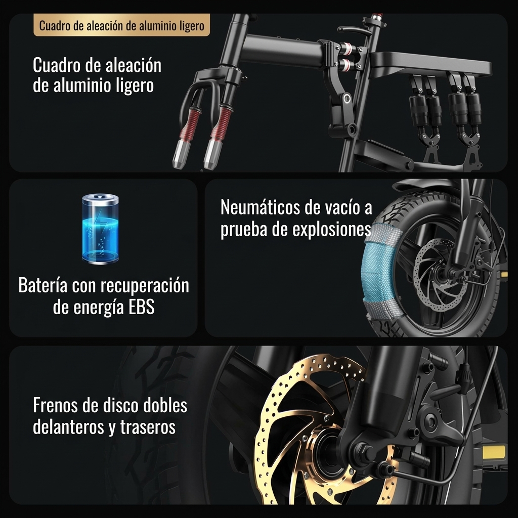 Bicicleta eléctrica plegable todoterreno de 500 W para adultos: batería recargable de 48 V y 15 Ah, suspensión de 14 niveles, frenos de disco dobles, certificación UL2849, autonomía de hasta 100 km (trayectos urbanos de 25-35 km).