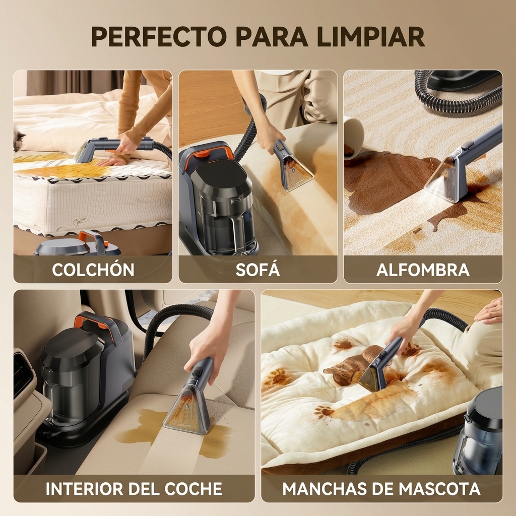 Máquina limpiadora de alfombras portátil: potente aspiradora con succión de 18 000 Pa, limpieza profunda a vapor y extracción de agua; dispositivo doméstico ligero y manual para uso en automóviles, alfombras y tapicería.