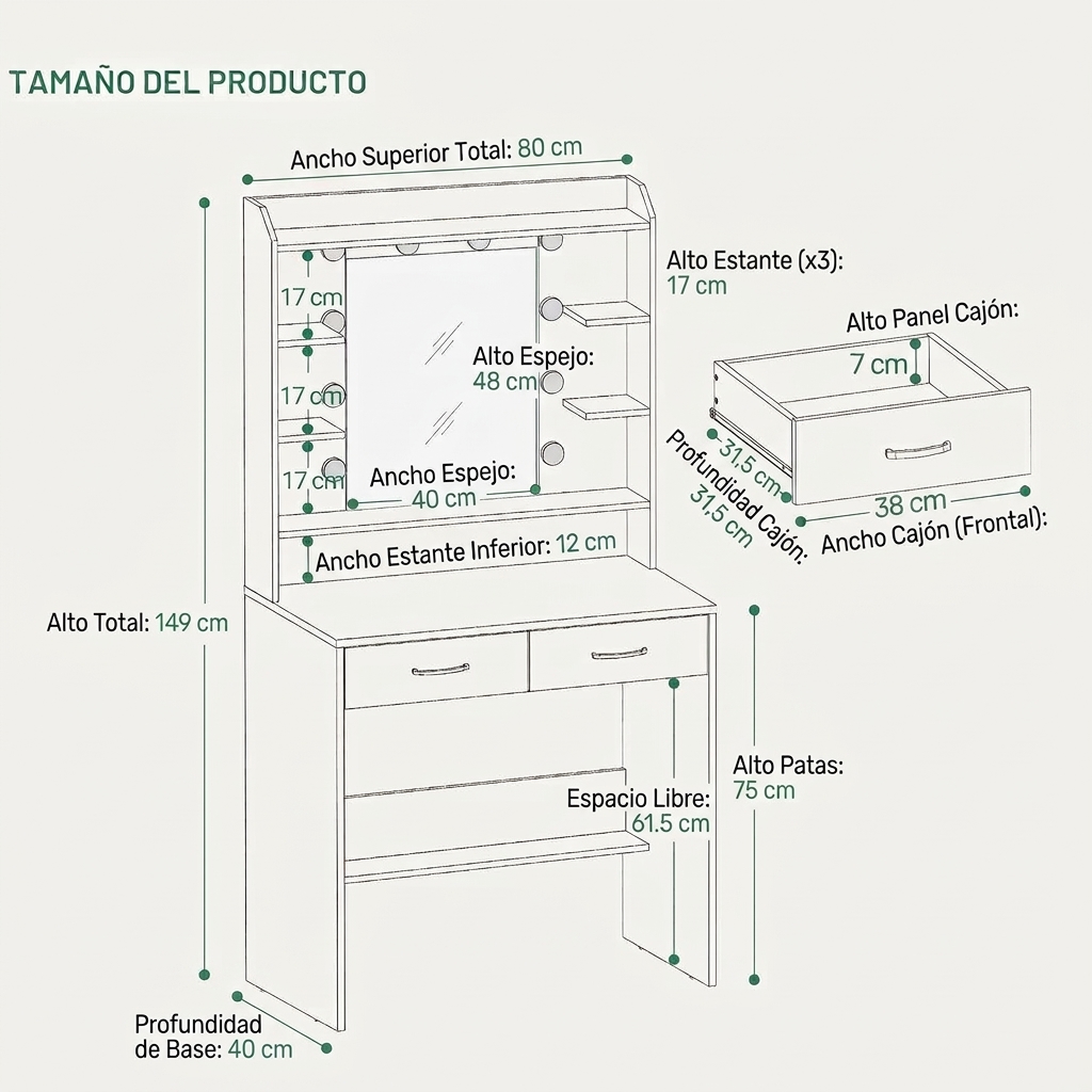 Tocador de Maquillaje con Espejo y Luz LED Ajustable, 2 Cajones y Amplio Almacenamiento, Mesa de Tocador Moderna para Dormitorio, Habitación Juvenil y Sala de Estar