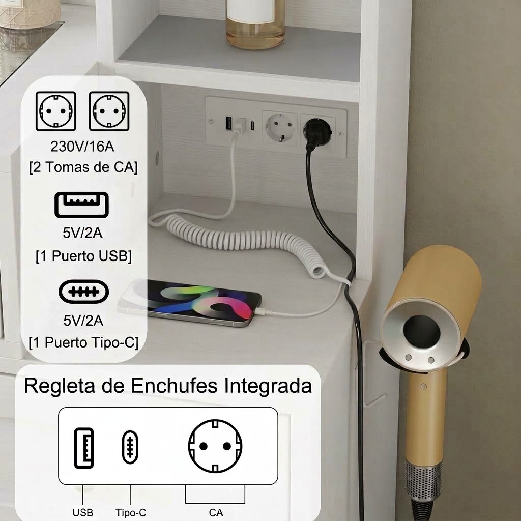 Tocador de maquillaje para dormitorio: retroiluminación LED, diseño con acentos LED, superficie de vidrio templado, armario lateral, tomas de corriente para herramientas de peinado, cajón con iluminación, espacio de almacenamiento; requiere montaje.