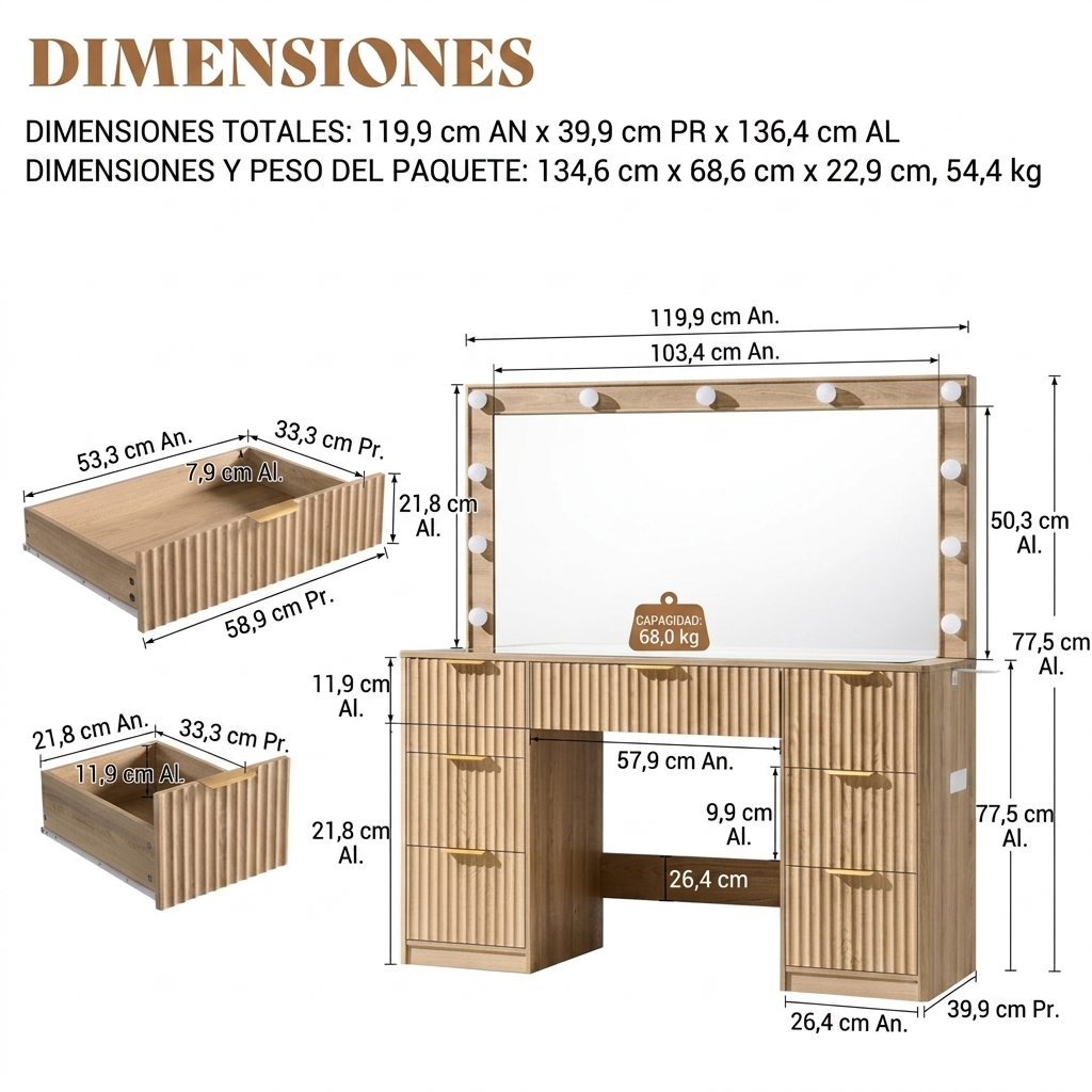 Tocador a rayas (con espejo y luz LED ajustable), con superficie de cristal y estación de carga, y un espacioso diseño de 4/7 cajones, perfecto para mujeres y niñas, adecuado para dormitorios o habitaciones de residencia estudiantil: un gran regalo/regalo