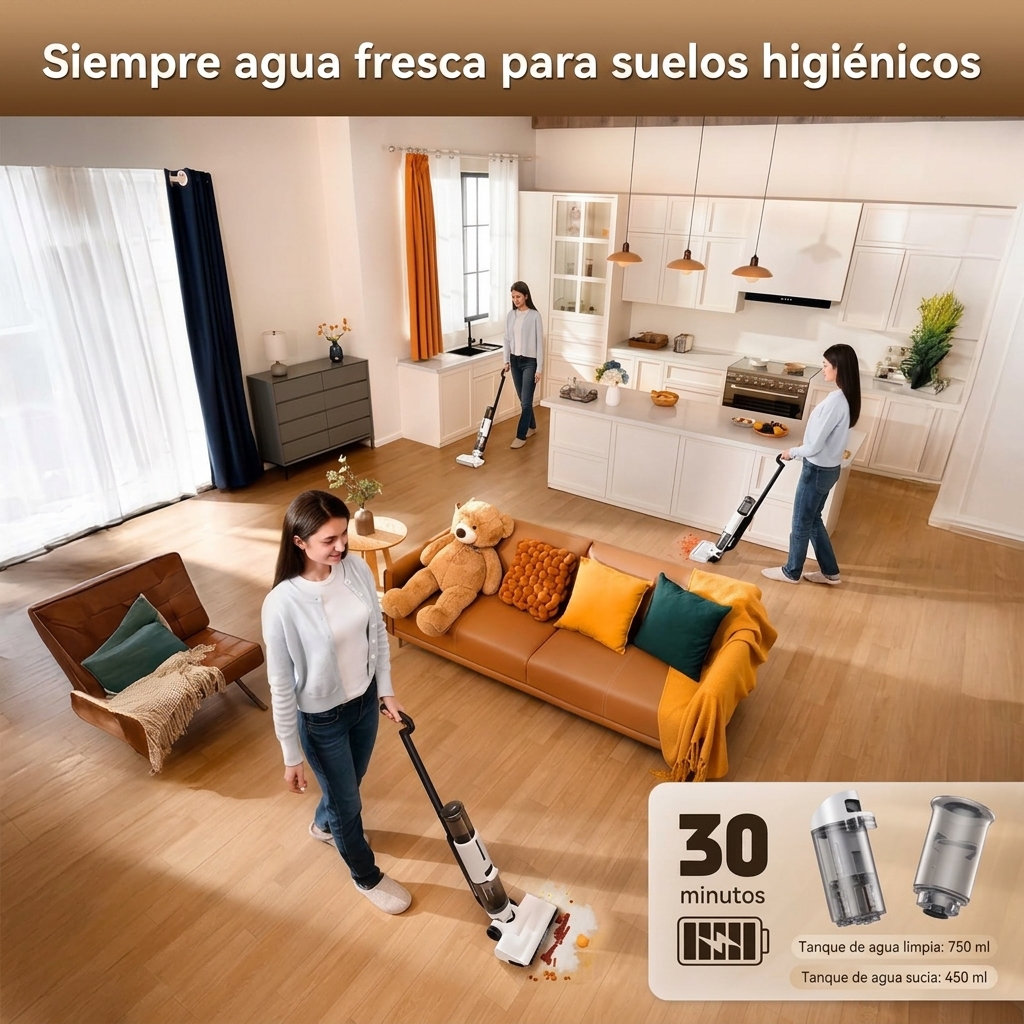 Limpiador de suelos inteligente para uso en seco y húmedo: diseño inalámbrico, permite la limpieza de bordes de 1 mm, equipado con un sistema antienredos; cuerpo ligero, adecuado para suelos duros y para limpiar el pelo de las mascotas.