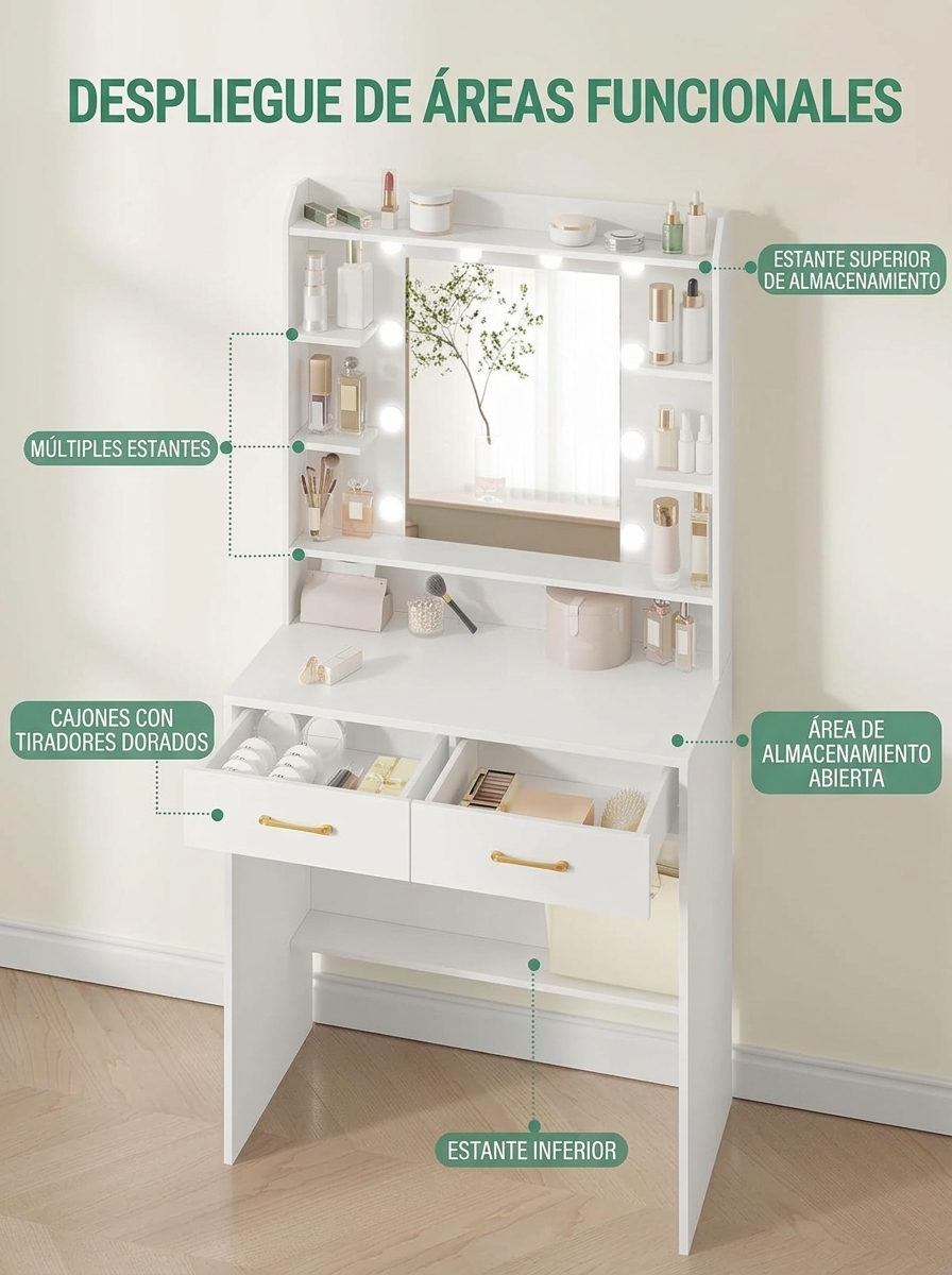 Tocador de Maquillaje con Espejo y Luz LED Ajustable, 2 Cajones y Amplio Almacenamiento, Mesa de Tocador Moderna para Dormitorio, Habitación Juvenil y Sala de Estar