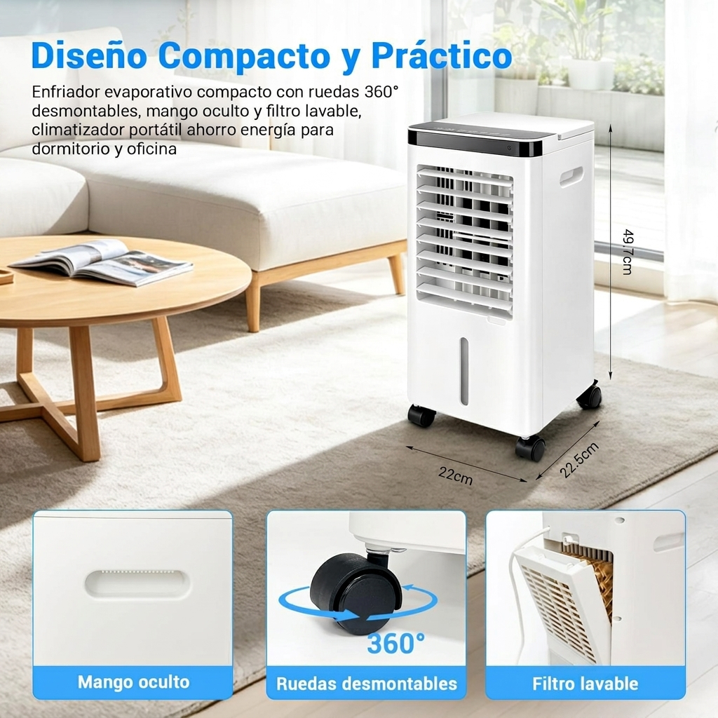 Ventilador con depósito de agua de 5L y 2 acumuladores de frío | 3 velocidades | Oscilación | Temporizador | Mando a distancia