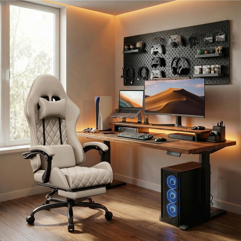 Silla gaming con función de masaje, imitación de ante transpirable, silla de oficina ergonómica con reposapiés, reposacabezas y cojín lumbar, silla para PC, amigable con la piel, duradera, espuma de alta densidad, certificada por SGS