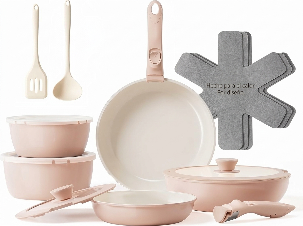 Set de sartenes y ollas, 16 pzas, antiadherente de cerámica, con asas desmontables; sartén 20/26 cm, sartén profunda 26 cm, olla 18/20 cm; set de ollas apilable para todas las cocinas, apto para horno