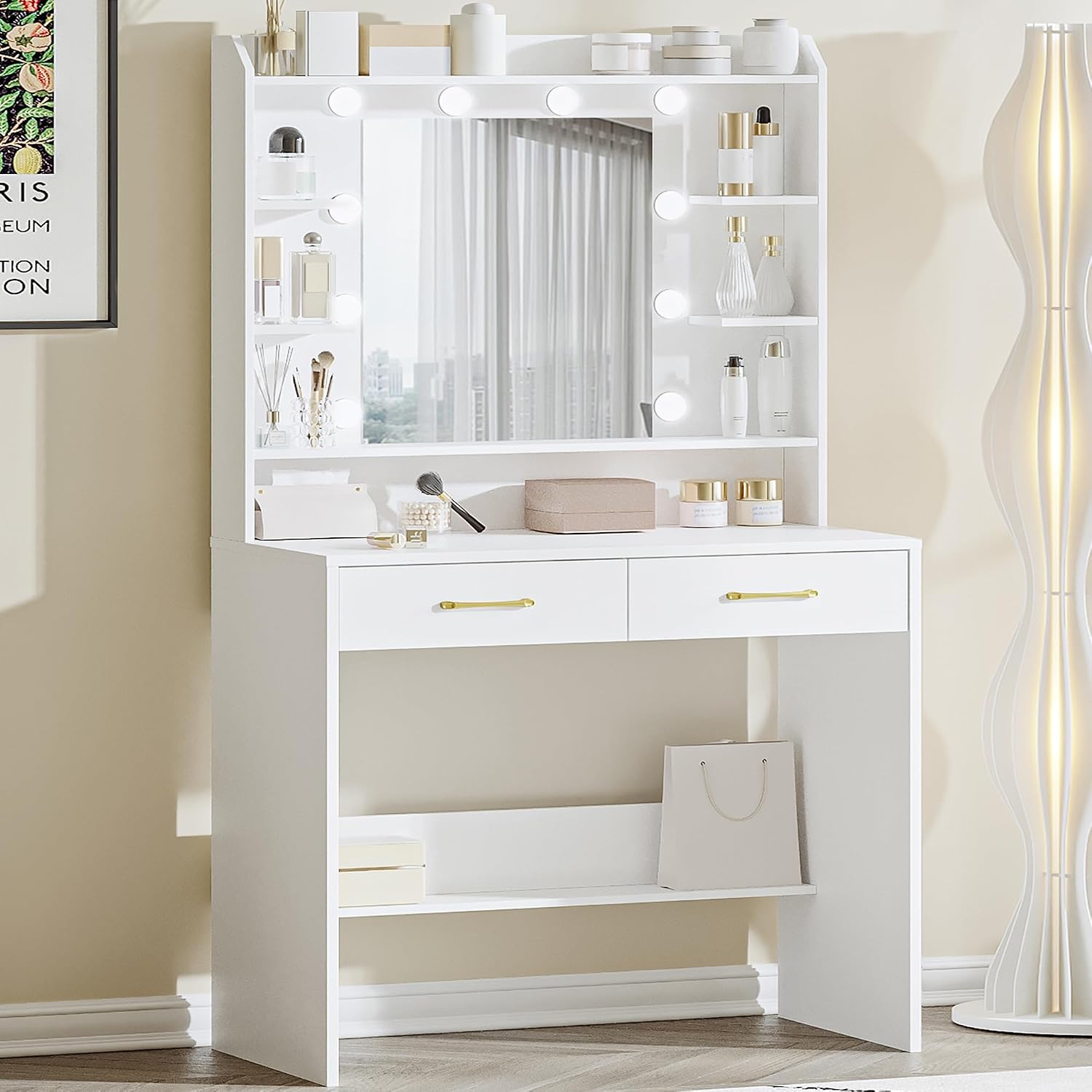 Tocador de Maquillaje con Espejo y Luz LED Ajustable, 2 Cajones y Amplio Almacenamiento, Mesa de Tocador Moderna para Dormitorio, Habitación Juvenil y Sala de Estar