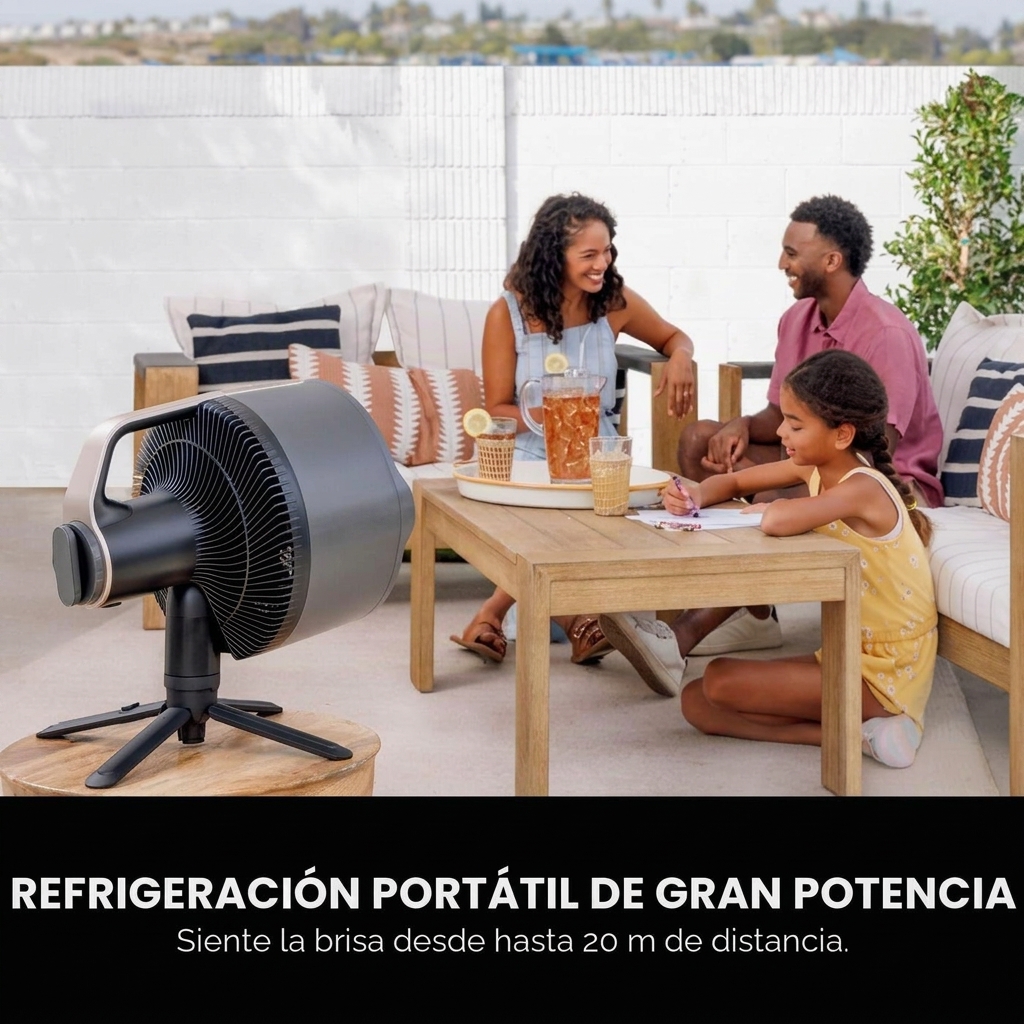 Ventilador inalámbrico para interiores y exteriores con sistema de nebulización al aire libre, alcance de enfriamiento de 20 m, tiempo de funcionamiento de 24 horas