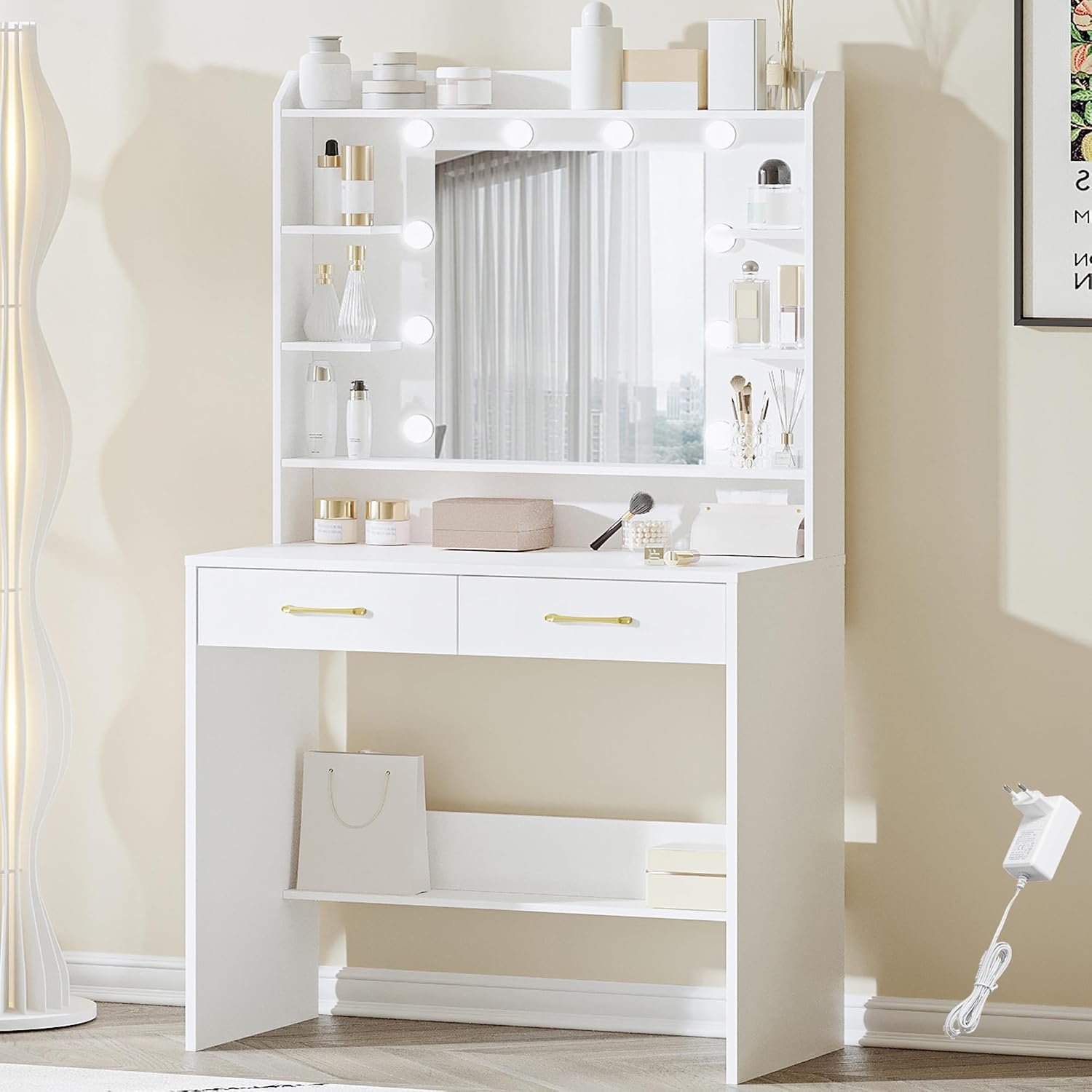 Tocador de Maquillaje con Espejo y Luz LED Ajustable, 2 Cajones y Amplio Almacenamiento, Mesa de Tocador Moderna para Dormitorio, Habitación Juvenil y Sala de Estar