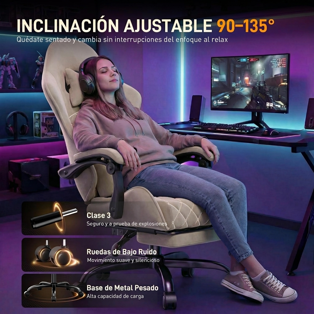 Silla gaming con función de masaje, imitación de ante transpirable, silla de oficina ergonómica con reposapiés, reposacabezas y cojín lumbar, silla para PC, amigable con la piel, duradera, espuma de alta densidad, certificada por SGS